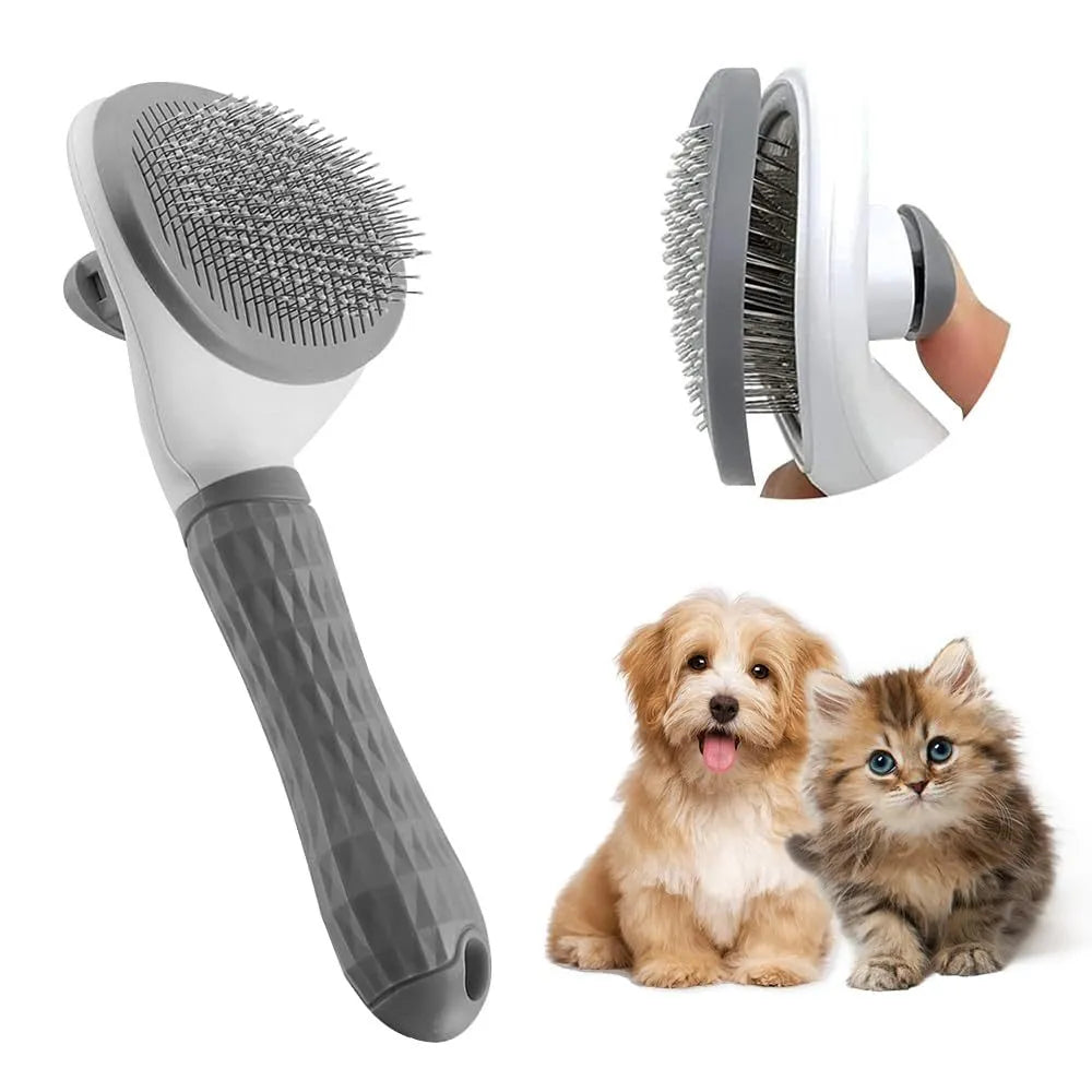 Cat grooming brush with a release button, featuring fine wire bristles, shown in blue colour.