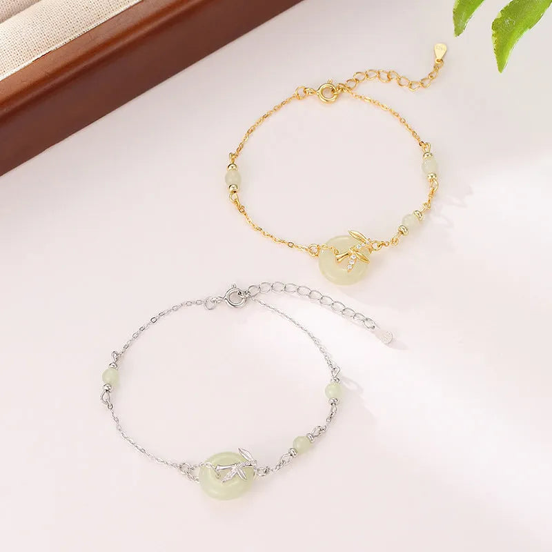 Women's antique-style Hetian Jade bracelet with 925 silver safety buckle in gold or silver colour options
