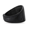 Black self-heating magnetic therapy neck guard with adjustable strap showing measurements