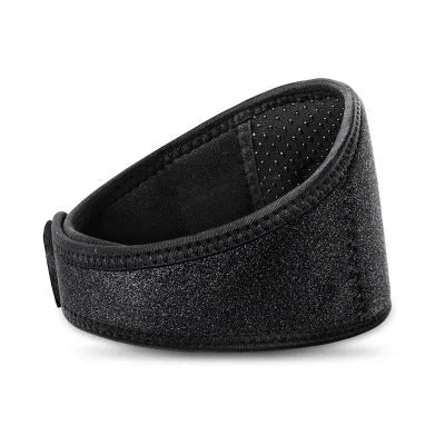 Black self-heating magnetic therapy neck guard with adjustable strap showing measurements