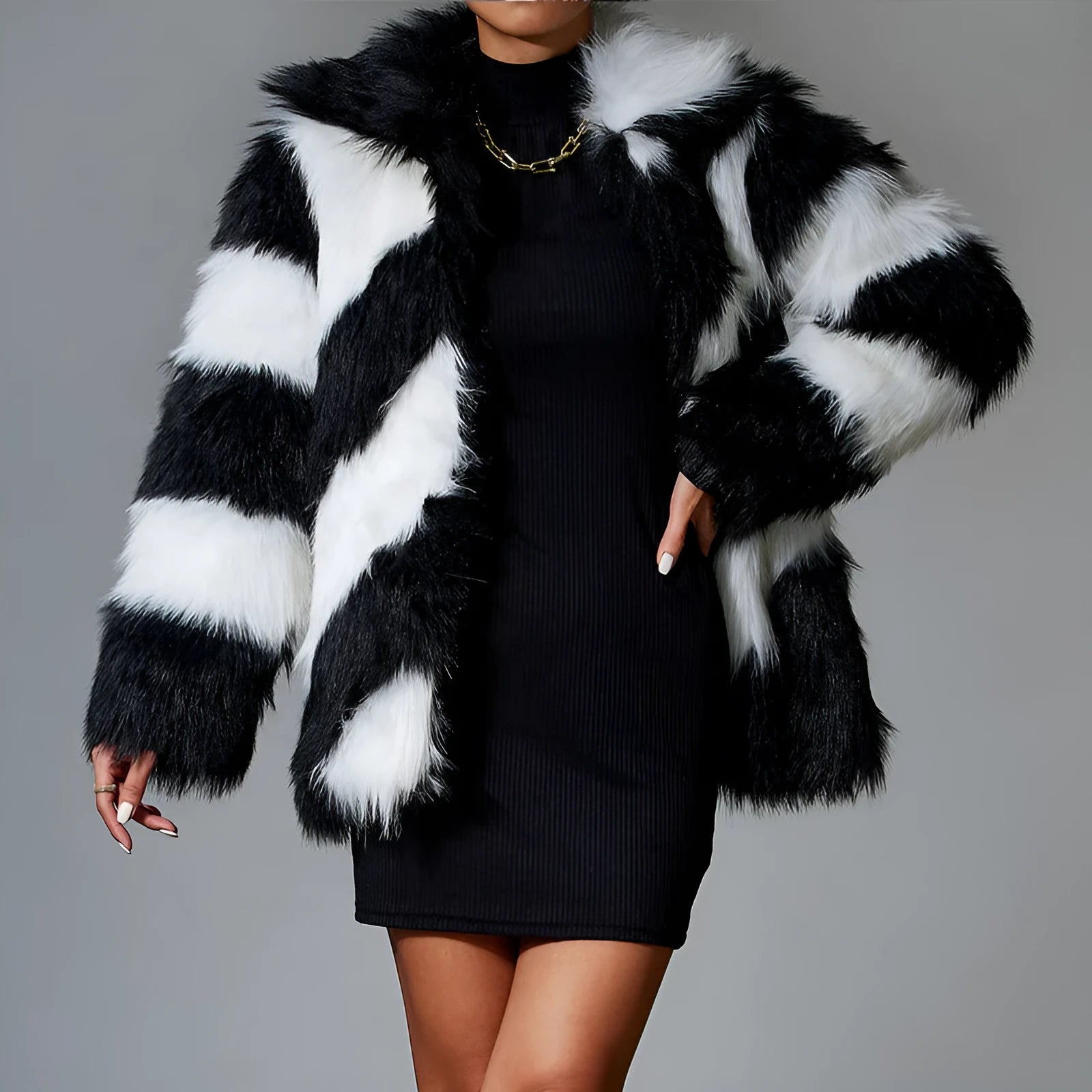 Faux fur coat with contrast colour lapel and removable fur collar in picture colour