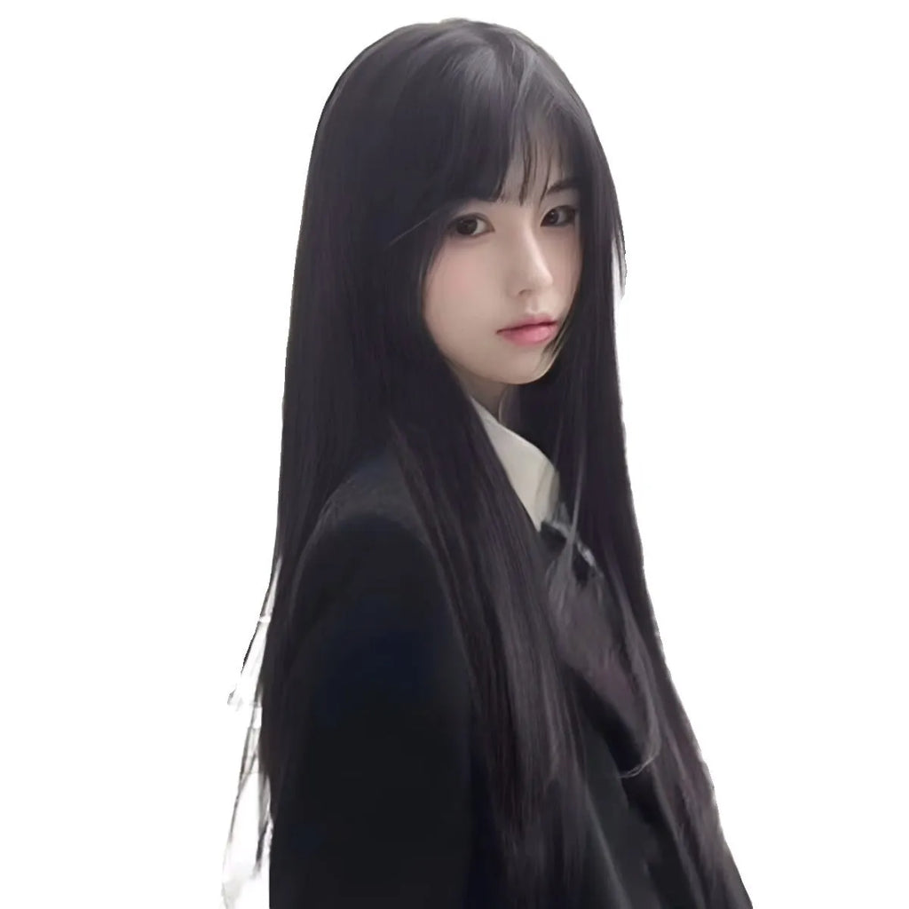 Black long straight synthetic wig with full bang fringe on mannequin head, showing brown-black colour option