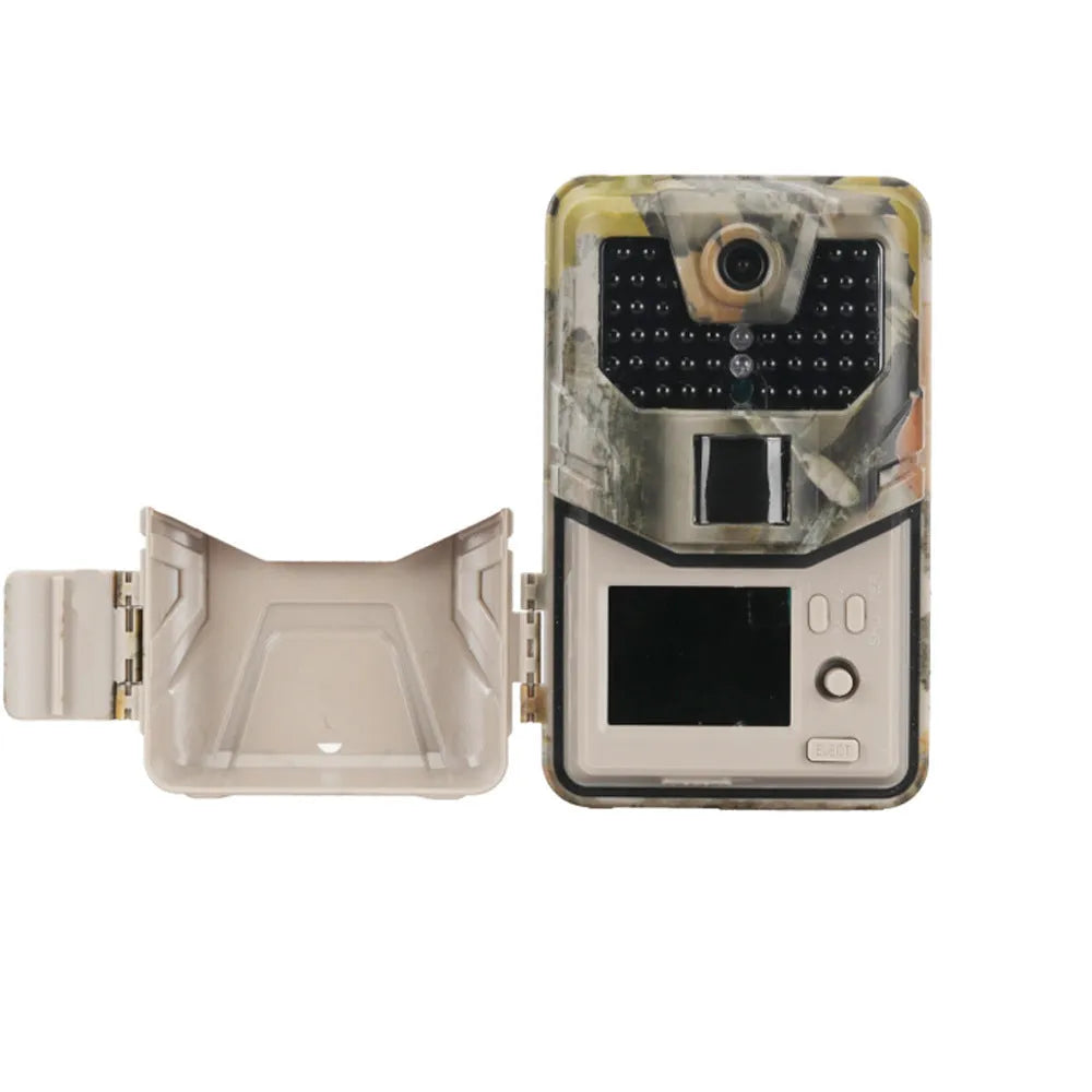 Camouflage outdoor trail camera with infrared LEDs, showing compact design for wildlife and security monitoring.