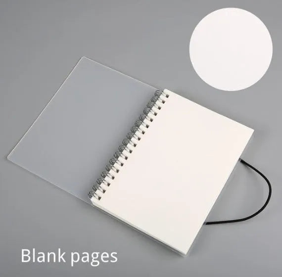 Plastic cover spiral coil notebook with transparent PVC cover, elastic rope closure, and cream paper pages