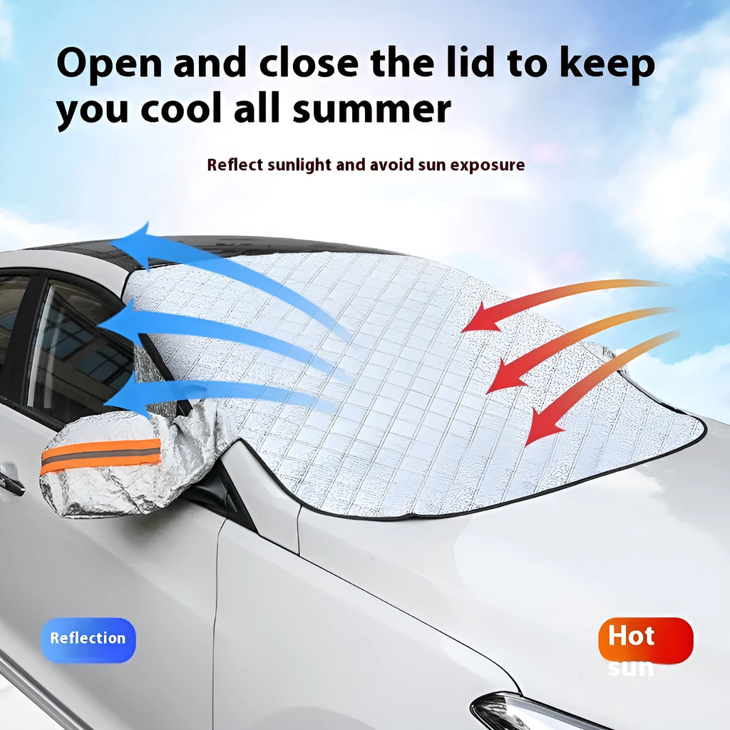 Large SUV winter windshield cover with reflective stripes and magnetic attachment system