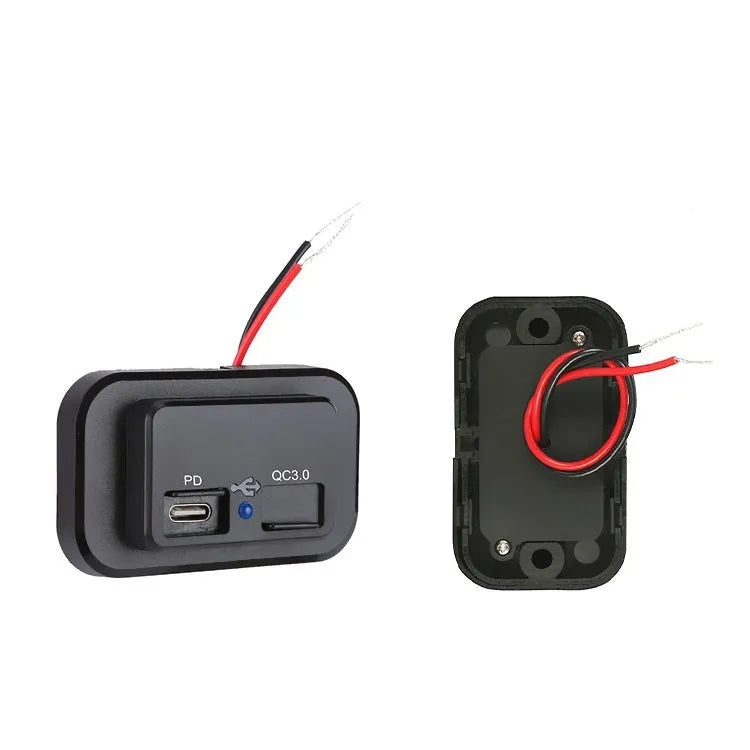 Black QC3.0 and USB-C PD fast car charger with 36W output for vehicle use.