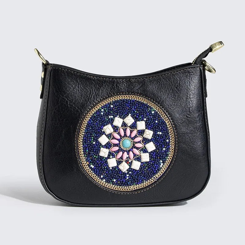 Straw bead turquoise ethnic style tote bucket crossbody bag with flower detail