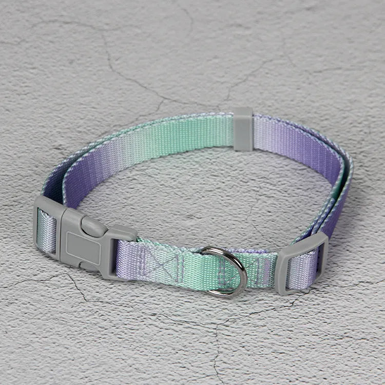 Gradient colour nylon pet leash set with dog collar and lead in pink blue yellow purple green combinations