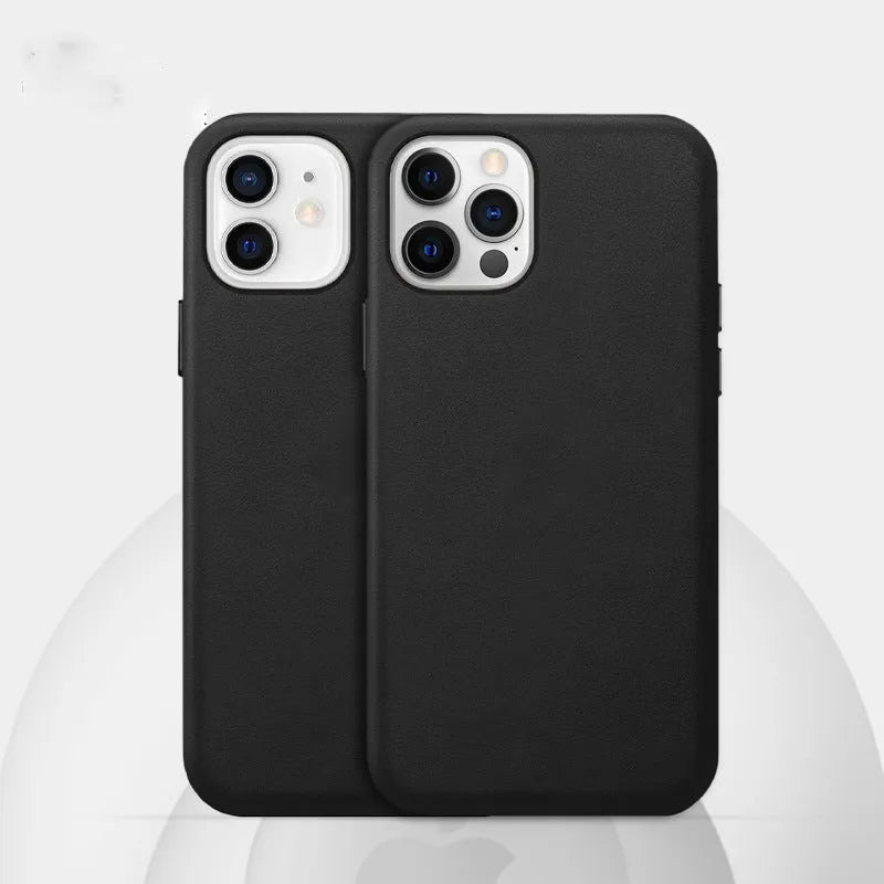 Real cowhide leather phone case in black with magnetic vibration for iPhone 13 Pro Max, back cover view