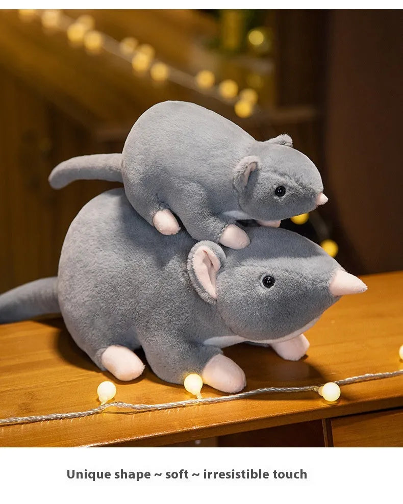 Cartoon-style soft plush mouse doll stuffed toy shown in three available sizes.