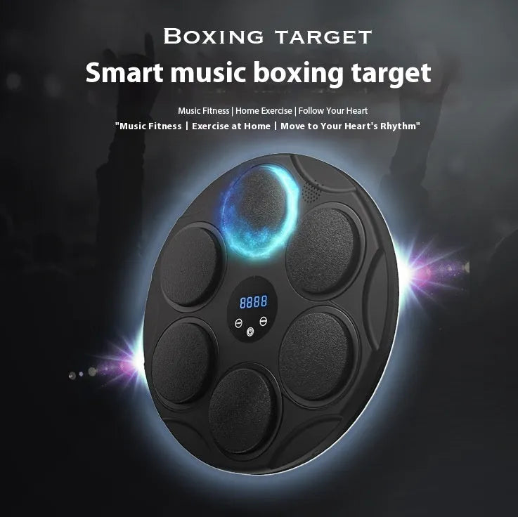 Black Bluetooth boxing target with coloured LED lights hanging on wall for fitness training