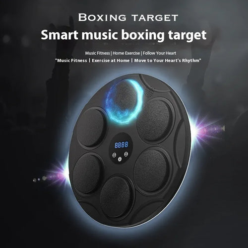 Black Bluetooth boxing target with coloured LED lights hanging on wall for fitness training