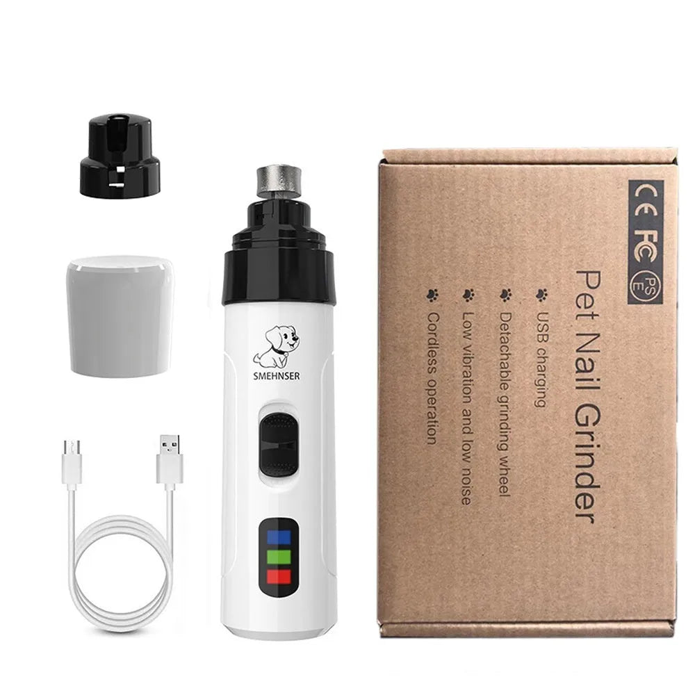 White and grey electric dog nail grinder with LED display showing speed settings and dust collection port