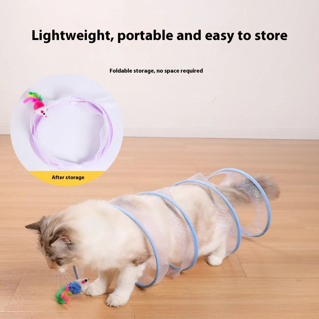 S-type cat tunnel toy with steel frame, elastic mesh, and feather attachment for feline enrichment