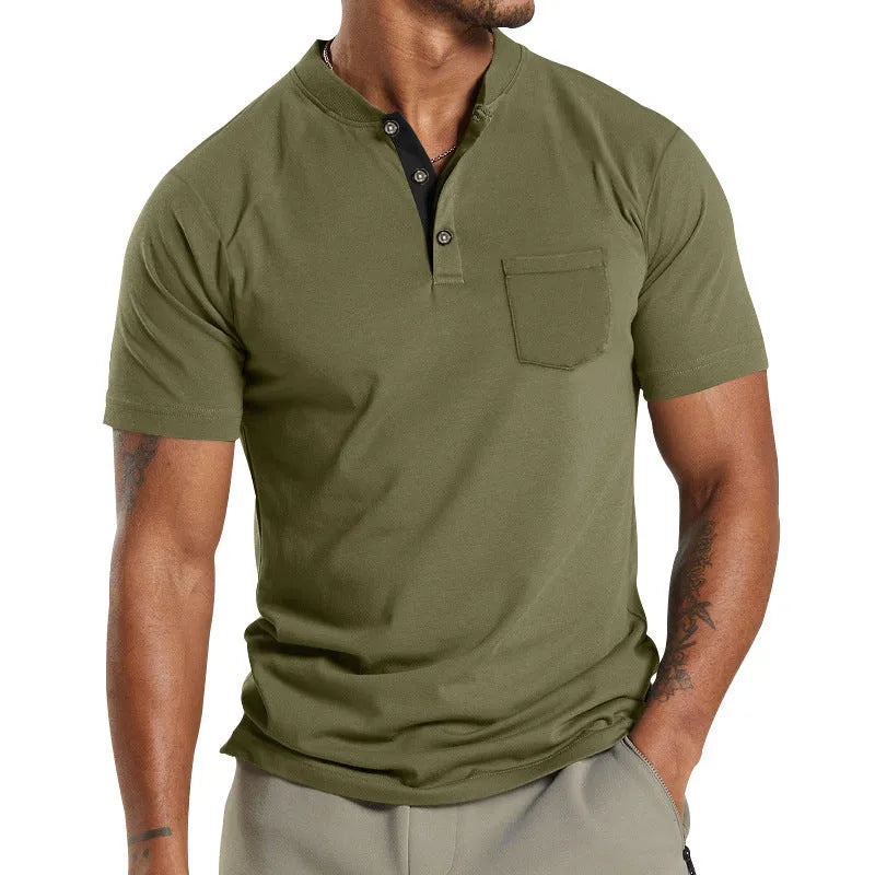 Plus size man wearing a light khaki short sleeve polyester shirt with a button chest pocket.