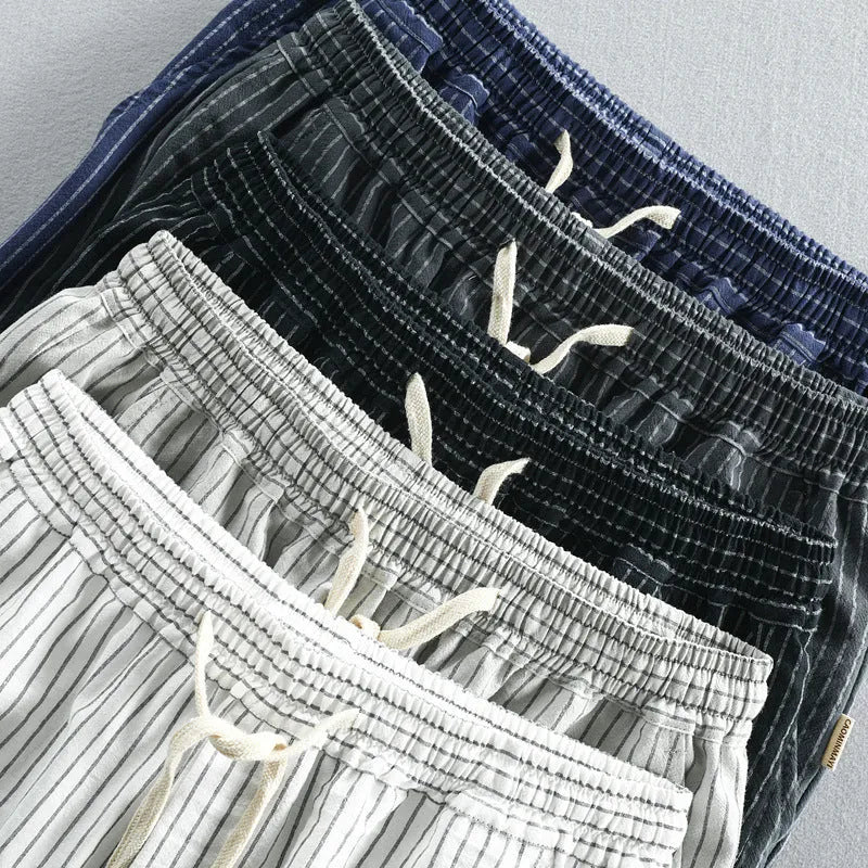 Men's striped cotton casual shorts with elastic waist in multiple colours
