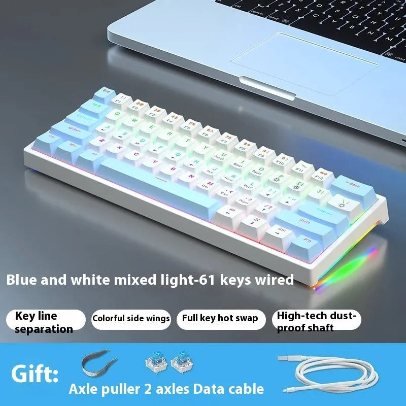 61-key mechanical keyboard with blue and white colour scheme and compact design