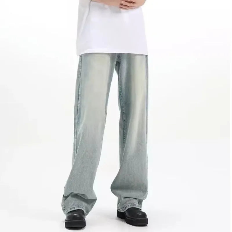 Blue retro loose casual trousers with rabbit fur fabric elastic material shown on mannequin