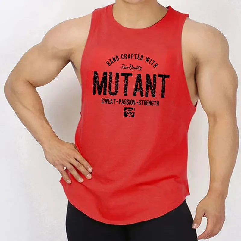 Loose grey polyester fitness vest sleeveless shirt on a hanger, showing its waistcoat design.