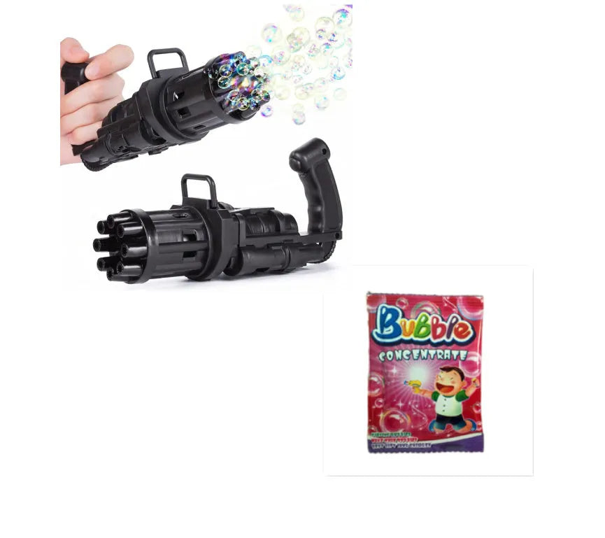 Realistic pink bubble machine gun toy for kids on a green lawn.