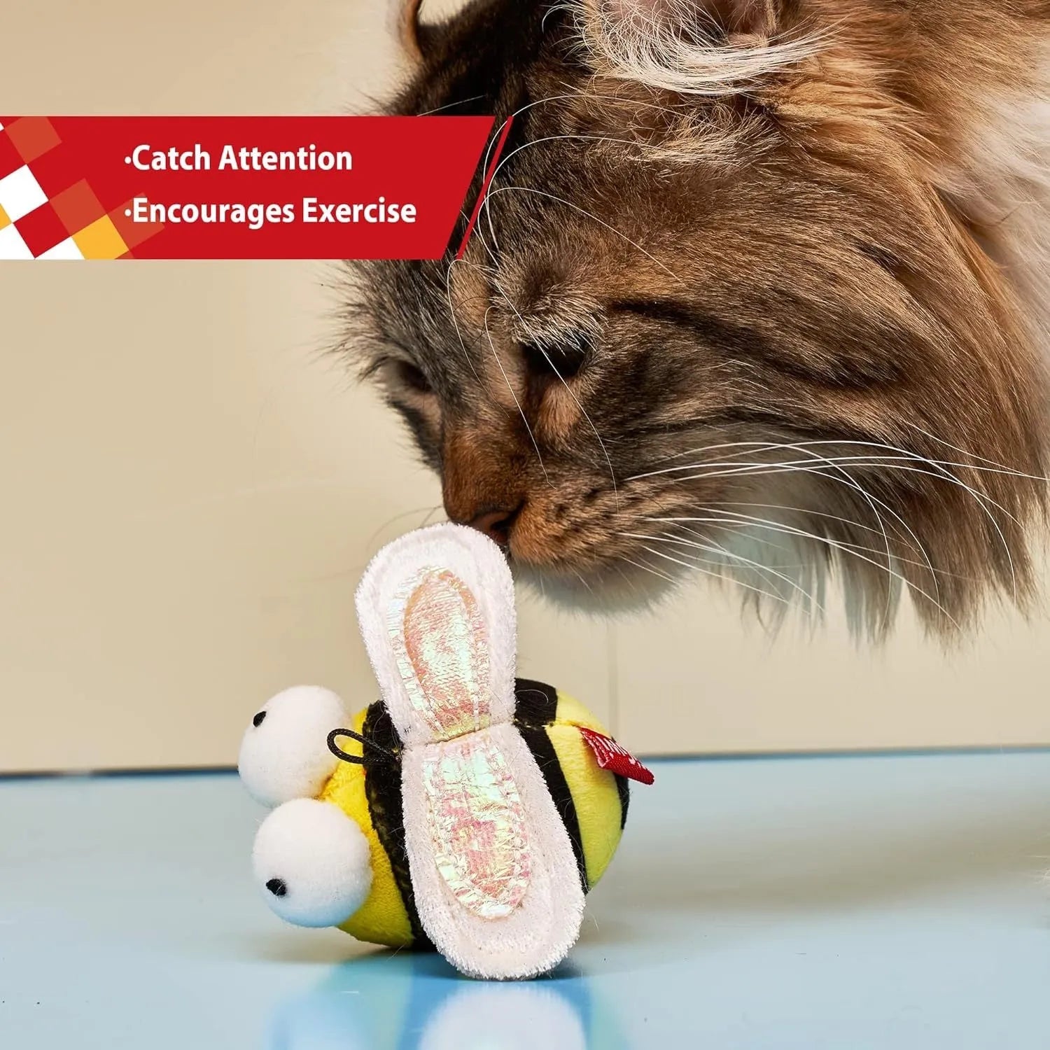 Yellow bee-shaped flannelette cat toy with motion-activated squeaking electronic components