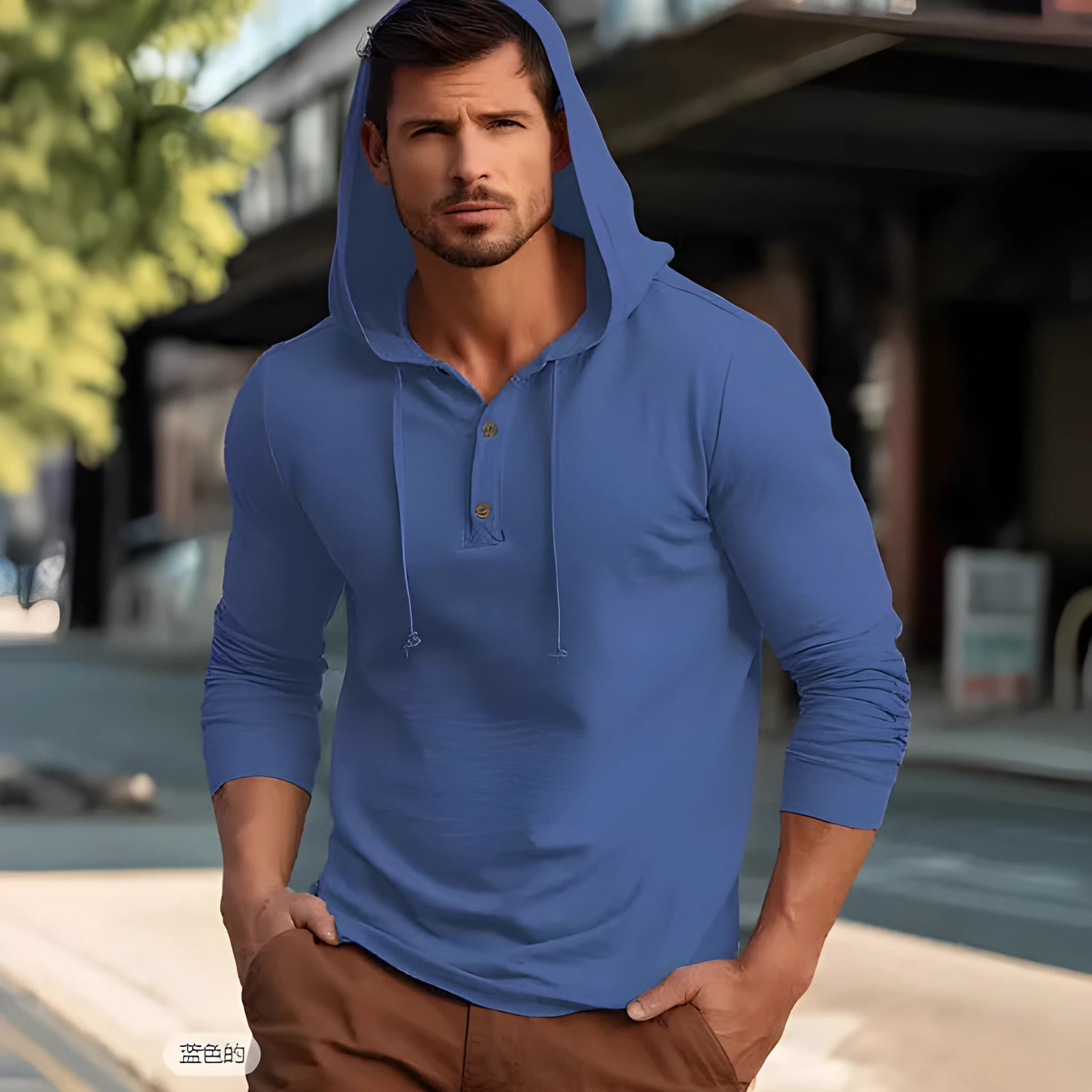 Men's dark blue cotton pullover hoodie with long sleeves on a hanger.