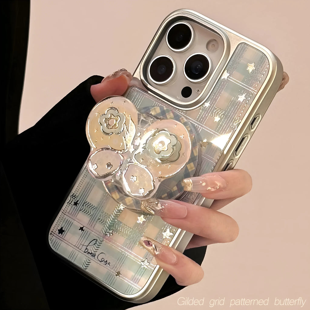 Gilding phone case with rotating bow magnetic bracket silver edge, colourful butterfly pattern on hard PC shell