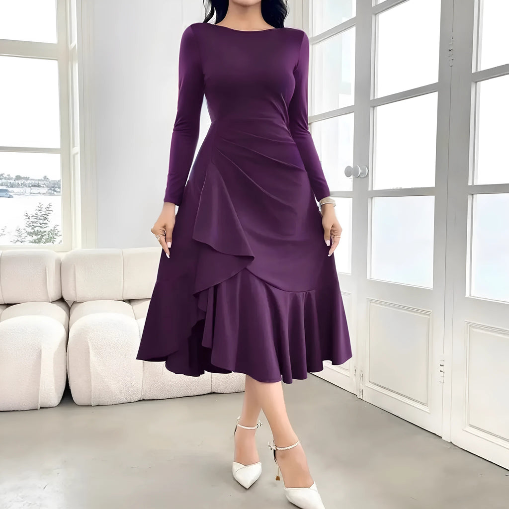 Purple women's long sleeve dress with ruffles and a round neckline