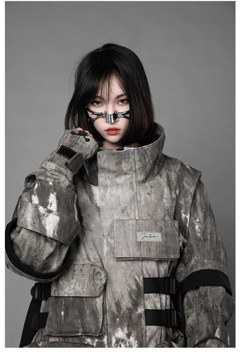 Loose fit camouflage jacket in grey, standing collar, long sleeves, multi pockets, polyester fabric