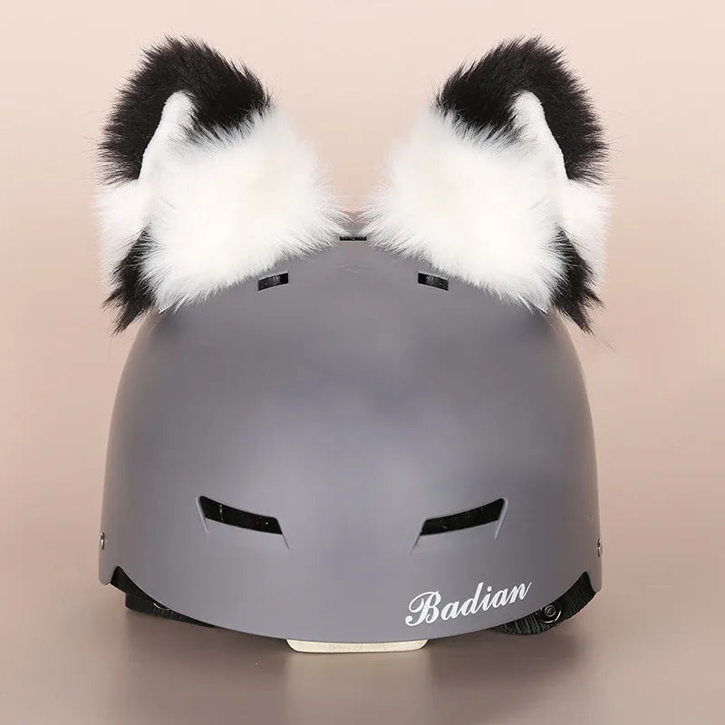 A plush fabric cartoon helmet cover set for adults, showing character designs like a bear and dinosaur for cosplay.