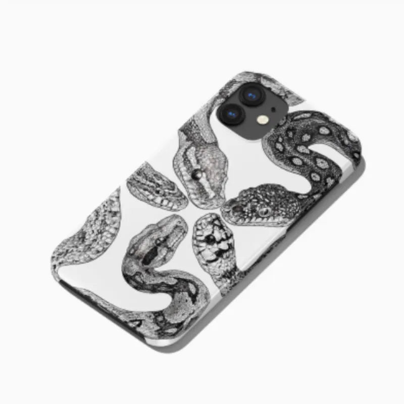 Black and white retro python illustration phone case for iPhone with frosted hard shell finish
