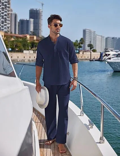 Men's casual cotton trousers suit in a solid colour, showing long sleeve top and matching trousers