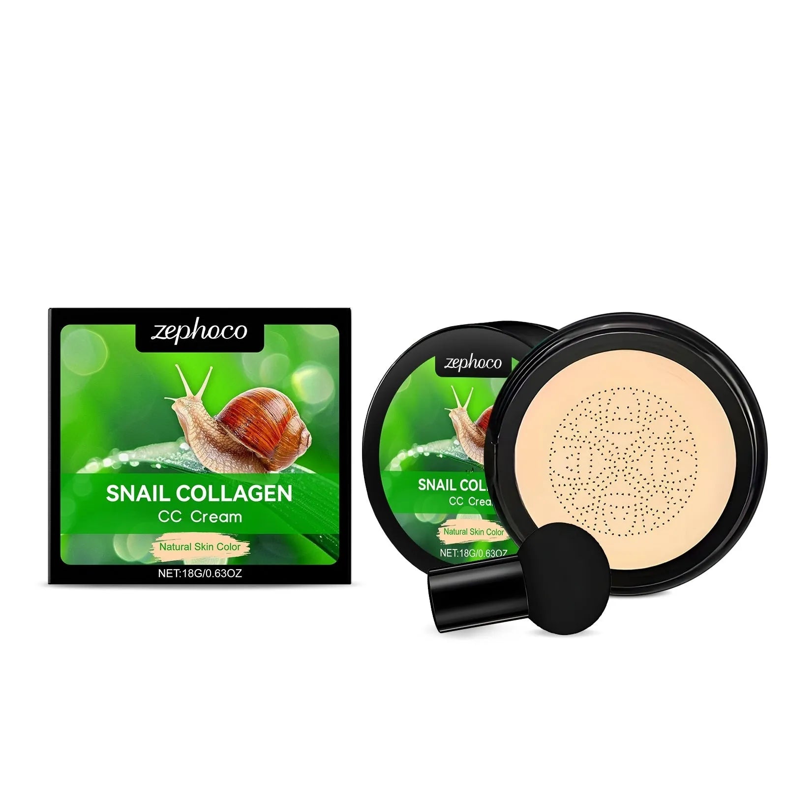 Moisturising CC cream tube with mushroom powder puff applicator in ivory white or natural colour