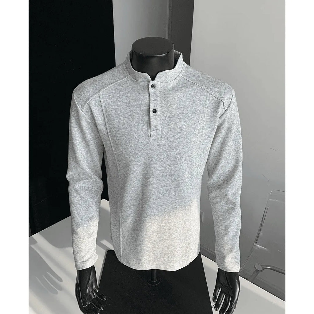 Men's asymmetric patchwork stand-up collar long sleeve cotton polo shirt in loose fit