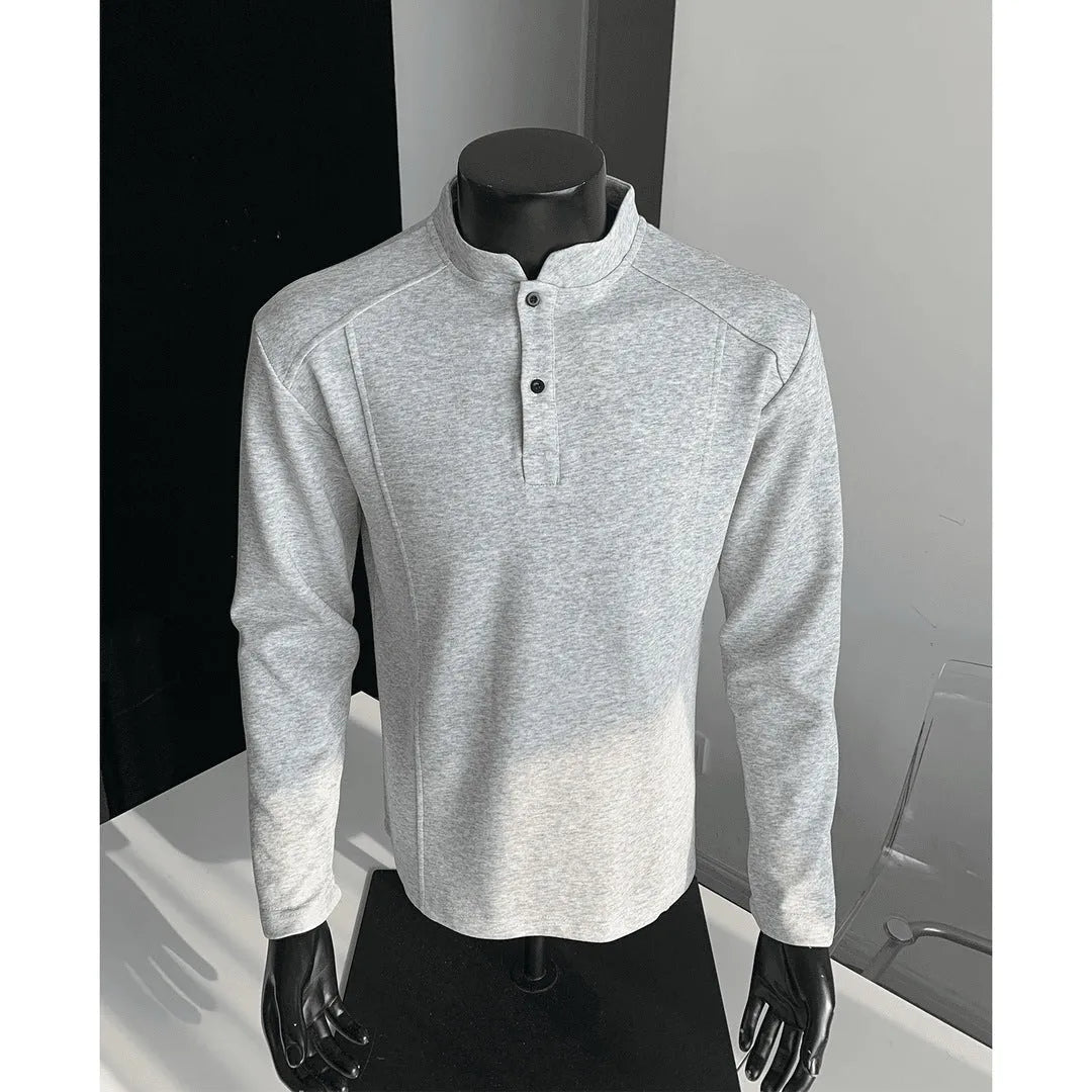 Men's asymmetric patchwork stand-up collar long sleeve cotton polo shirt in loose fit