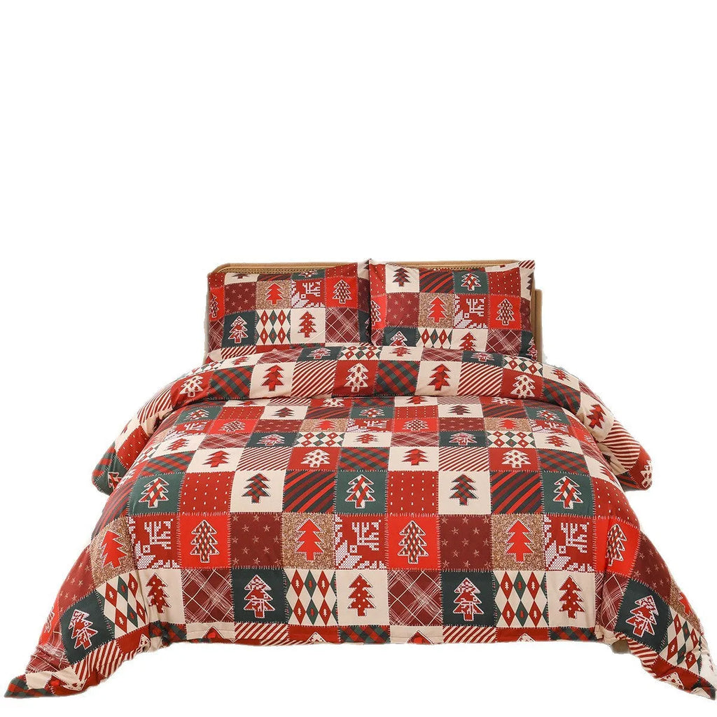 Christmas red plaid pattern European style bedding three-piece set with quilt cover and pillowcases.