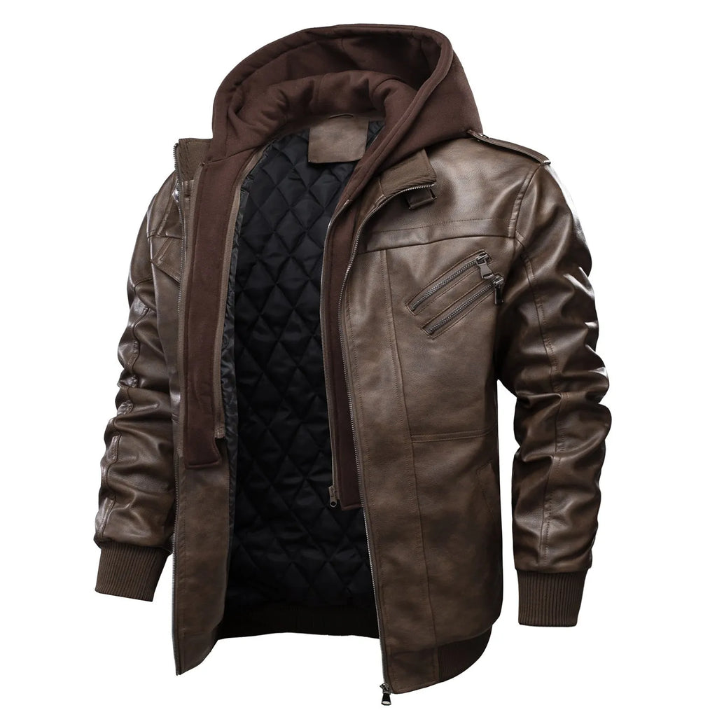Men's black PU leather motorcycle jacket with zipper front, removable hood, and side pockets on a hanger