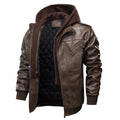 Men's black PU leather motorcycle jacket with zipper front, removable hood, and side pockets on a hanger