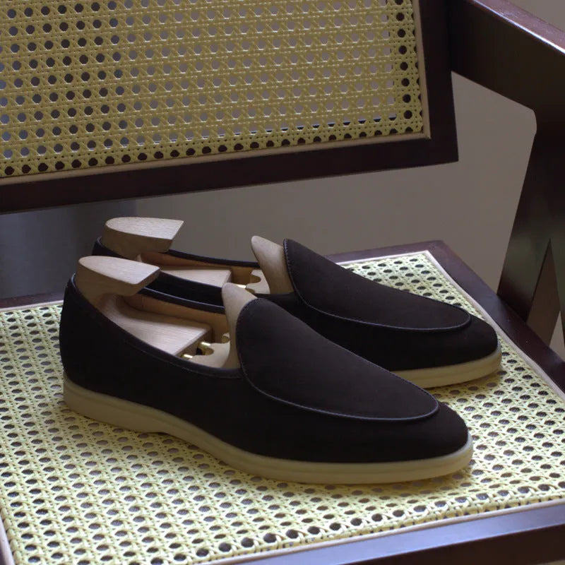 Men's black genuine leather loafers with low tube design and TPR sole