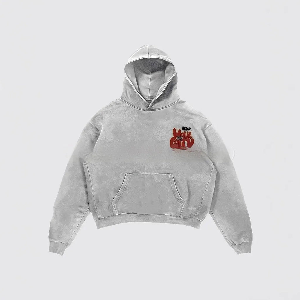 Granny grey hoodie with vintage letter print, long sleeves and pockets, street hipster style