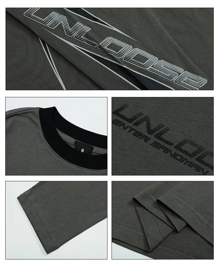 Gray khaki loose-fit long sleeve cotton pullover with drop shoulder sleeves and a printed letter pattern.