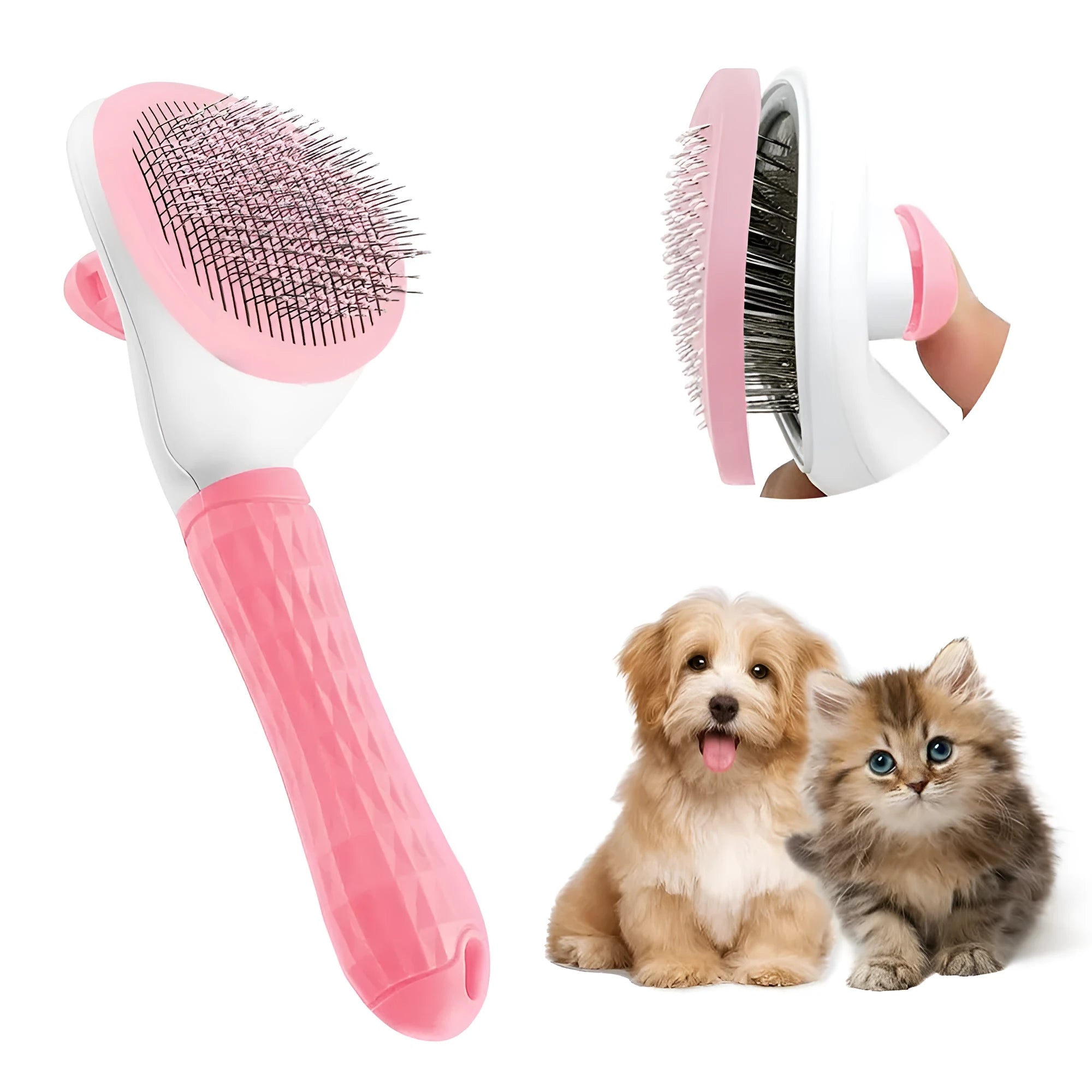 Cat grooming brush with a release button, featuring fine wire bristles, shown in blue colour.
