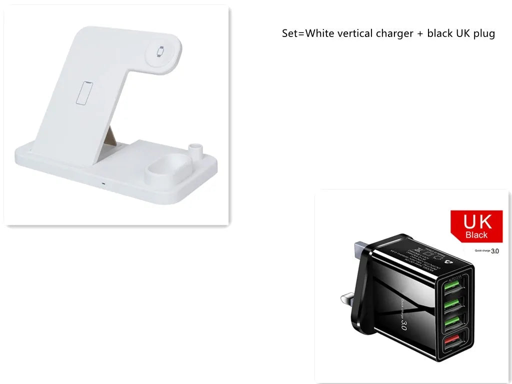 Black and white 4-in-1 wireless charging station showing phone on adjustable stand, Apple Watch, AirPods, and Apple Pencil charging simultaneously.