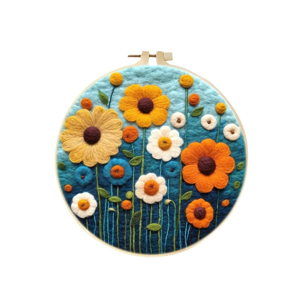 Round 20x20 cm linen embroidery kit with wool felt pieces for floral design and included embroidery frame.