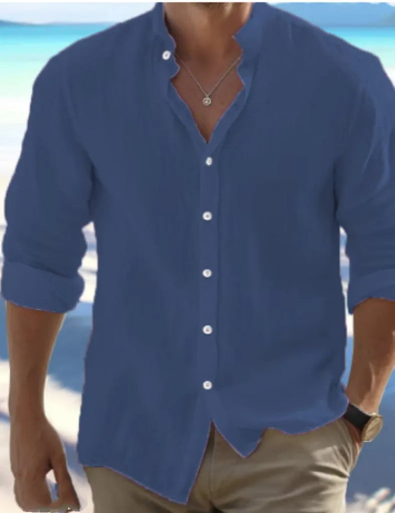 Men's light grey linen pullover shirt made from long-staple cotton for casual summer wear.