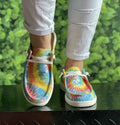 Plus size tie-dye canvas boat shoes in yellow flower pattern with flat heel, sizes 36 to 42