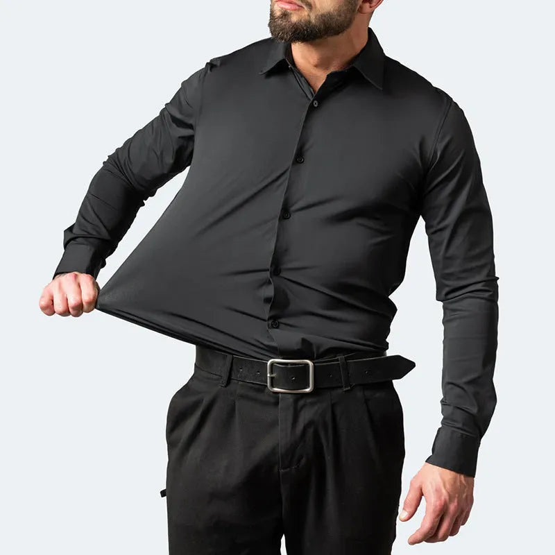 Korean slim-fit solid colour men's shirt in navy blue long sleeve non-iron chemical fibre blend casual shirt