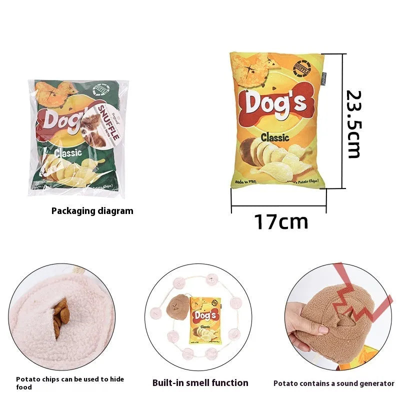 Dog fashion personality potato chips plush toy in yellow, green, and blue colours with polyester construction