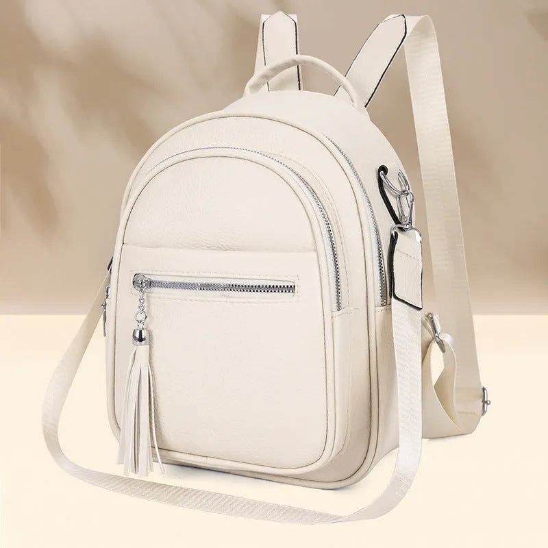 Simple large capacity casual backpack for women in khaki, PU material, with outer pocket and sewing thread detail