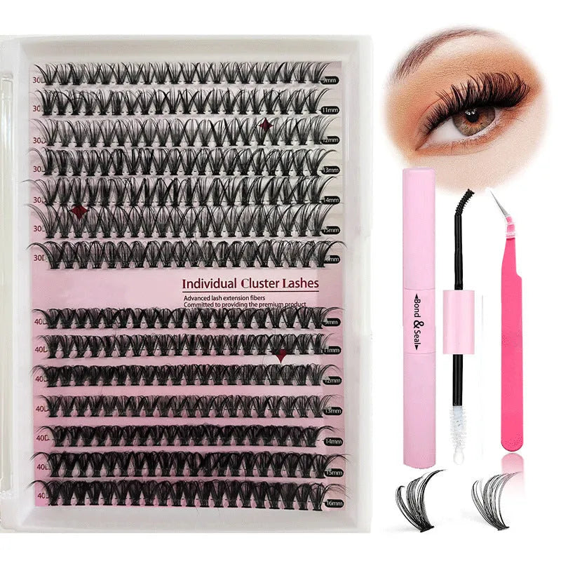 DIY cluster false eyelashes mixed package showing boxes of 30D and 40D lashes and tweezers